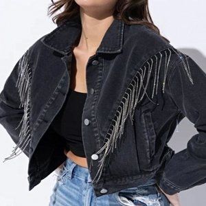 Fringe Embellished Cropped Denim Jacket